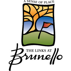 The Links at Brunello logo: A stained-glass style rounded rectangle in which a bare black tree's branches divide an orange-yellow sky above a blue-to-green hillside with a small red flag, A SENSE OF PLACE arched above, and THE LINKS AT Brunello in black script below.