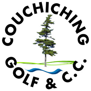 Couchiching Golf & Country Club logo: A photographic white pine tree standing on stylised wavy green grass lines above a curling blue water wave, encircled by COUCHICHING arched above and GOLF & C.C. arched below in heavy black capitals.