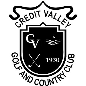 Credit Valley Golf & Country Club logo: A black and white crest: a quartered black shield bearing a CV monogram, a golf flag over wavy water lines, crossed golf clubs and the year 1930, under CREDIT VALLEY arched between decorative scrollwork, with GOLF AND COUNTRY CLUB curving around the base.