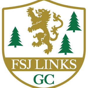 Fort St. John Links Golf Course logo: A gold-bordered white shield holding a gold heraldic lion rampant flanked by three green pine trees, above a gold band reading FSJ LINKS in white serif capitals and GC in green capitals at the shield's base.