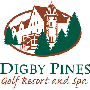 Digby Pines Golf Course logo: An oval crest outlined in brick red showing the resort's Norman-chateau hotel with a round shingled turret drawn in brick red, framed by dark green pine trees, above Digby Pines in green serif capitals and Golf Resort and Spa in brick red script.