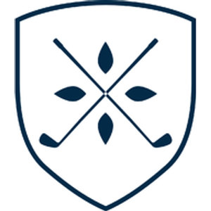 Willows Golf and Country Club logo: A navy blue outlined shield containing two crossed golf clubs, with four navy leaf shapes around the crossing — a pointed petal above and below and a willow leaf to each side.