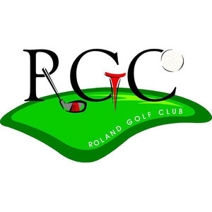 Roland Golf Club logo: Black serif letters RGC above a bright green kidney-shaped putting green, with a golf club leaning across the R, a red golf tee forming the middle bar of the G, a white dimpled golf ball at the upper right, and Roland Golf Club in white capitals arced across the green.