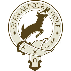 Glen Arbour logo: A leaping deer in dark olive-brown profile inside a circular cream belt-and-buckle badge lettered Glen Arbour Golf with est. 1999, the belt tail and buckle hanging below the circle.