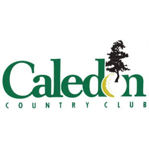 Caledon Golf and Country Club logo: The word Caledon in dark green serif letters with the O drawn as a golden-yellow dimpled golf ball, a black tree rising behind the final letters, above Country Club in spaced green capitals.