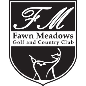 Fawn Meadows Golf and Country Club logo: A black heraldic shield with white script letters FM across the top, a white band reading Fawn Meadows Golf and Country Club, and a white line drawing of a fawn turning its head back over its shoulder in the lower field.