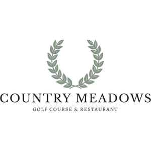 Country Meadows Golf Course logo: A sage green laurel wreath open at the top, above Country Meadows in dark charcoal serif capitals and Golf Course & Restaurant in smaller spaced capitals.