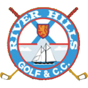 River Hills Golf & Country Club logo: A round sky blue badge ringed in red reading River Hills and Golf & C.C. in white, showing the blue diagonal saltire of the Nova Scotia flag with a red and gold royal lion shield at its centre, a white two-masted schooner sailing below, and two red-and-yellow golf clubs crossed behind the badge.