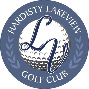 Hardisty Lakeview Golf Course logo: A slate blue circle lettered Hardisty Lakeview above and Golf Club below in cream capitals, enclosing a large white dimpled golf ball overlaid with a navy script LV monogram and flanked by pale blue laurel sprigs.