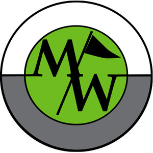 Markland Wood Golf Club logo: A circular badge with a black outline, white in the upper half and slate gray in the lower half, centred on a bright green circle bearing a black interlocked MW monogram with a small black golf flag rising from the M.
