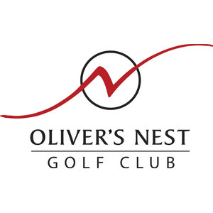 Oliver's Nest Golf Club logo: A red calligraphic brushstroke sweeping upward left-to-right through a thin black circle outline, forming a loose N inside the circle, above OLIVER'S NEST in black serif capitals over a rule and GOLF CLUB in letterspaced capitals.