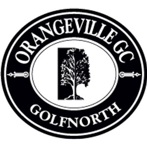 Orangeville Golf Club logo: A black oval badge reading ORANGEVILLE GC around the top and GOLFNORTH around the bottom, with two small crossed-club dingbats at the sides and a white oval centre containing a black silhouetted deciduous tree.