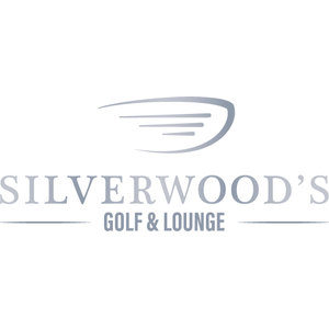 Silverwood's Golf & Lounge logo: A silver-gray golf driver clubhead in profile drawn from sweeping horizontal speed-line strokes, above SILVERWOOD'S in pale silver serif capitals and GOLF & LOUNGE in steel-blue capitals between two thin rules.