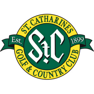 St. Catharines Golf & Country Club logo: A white blackletter StC monogram on a dark green circle, ringed by a yellow band with ST. CATHARINES above and GOLF & COUNTRY CLUB below in dark green capitals, flanked by dark green ribbon tails reading Est. on the left and 1899 on the right.