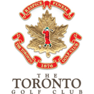 Toronto Golf Course logo: A gold maple leaf bearing a small red-coated golfer at the top of his swing, with a red ribbon scroll above reading RESPICE FINEM and a red ribbon below reading THE TORONTO GOLF CLUB around the year 1876, over THE TORONTO GOLF CLUB in dark red capitals.