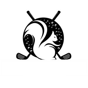 White Squirrel Golf Club logo: A white squirrel sitting in profile facing right, formed in negative space inside a black circle textured with crescent golf-ball dimples, with two black crossed golf clubs passing diagonally behind the circle.