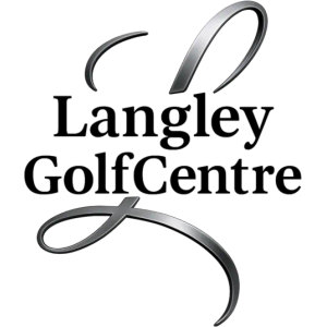Langley Golf Centre logo: Two polished-silver calligraphic ribbon strokes, one curling above and one sweeping below, with 'Langley GolfCentre' stacked on two lines in bold black serif letters between them.