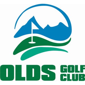 Olds Golf Course logo: Blue mountain peaks with a white golf flag inside an open blue arc, resting on layered dark green and teal swooshes, above 'OLDS' in large bold green capitals beside 'GOLF CLUB' stacked in smaller green capitals.