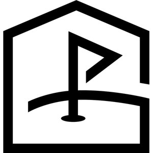 Golf House logo: A bold black outline of a house with a peaked roof, enclosing a golf flagstick with an angular pennant flag planted in a hole on a curved green line.