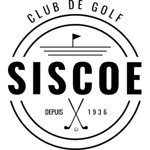 Siscoe Golf Club logo: A black double-ring circular badge with 'CLUB DE GOLF' arched across the top, a golf flag planted above three horizontal water lines in the centre, 'SISCOE' in heavy black capitals across the middle, and 'DEPUIS 1936' beside two crossed golf clubs over a dimpled ball at the bottom.
