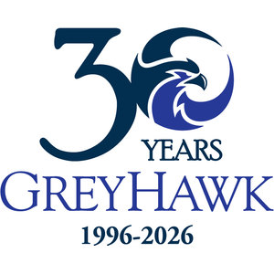 GreyHawk Golf Club logo: A large navy numeral 30 with a blue and white hawk head curling inside the zero, above the word 'YEARS', with 'GREYHAWK' in blue serif capitals and the dates '1996-2026' in navy beneath.