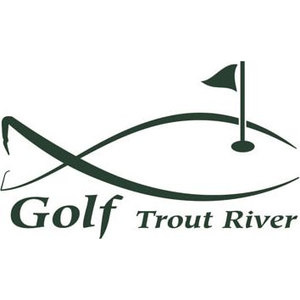 Trout River Golf Club logo: A dark green line drawing of a trout formed by two crossing sweeping curves, with a golf flag and a ball in a hole planted on its arched back, above 'Golf' in italic serif and 'Trout River' in upright serif letters.