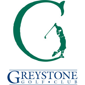 Greystone Golf Club logo: A large forest-green serif capital G with a green silhouette of a golfer at the top of a backswing merging into its right side, above 'GREYSTONE' in navy serif capitals and 'GOLF CLUB' letterspaced inside a thin navy ruled box.