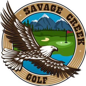 Savage Creek Golf Course logo: A brown and white bald eagle with outstretched wings flying across a circular badge ringed in tan reading 'SAVAGE CREEK' on top and 'GOLF' below, over snow-capped blue mountains, evergreen trees, a green with a red flag, a sand bunker, and a blue pond.