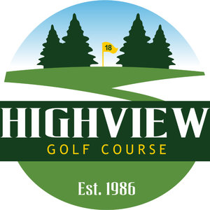 Highview Golf Course logo: A circular emblem of a golf hole scene: pale blue sky behind four dark green pines, a yellow flag numbered 18 on a green ridge, 'HIGHVIEW' in white capitals on a dark green band spanning the full width with 'GOLF COURSE' in yellow beneath, and 'Est. 1986' in white on the green base.