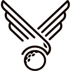Squamish Valley Golf Club logo: Black line art of an eagle with both wings spread in a V of layered feather strokes, the body curving down to wrap around a large dimpled golf ball at the base.