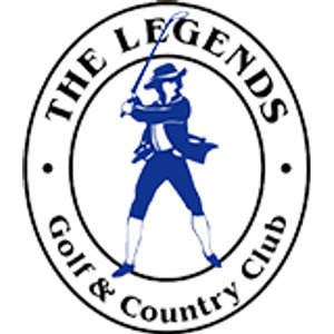 The Legends Golf and Country Club logo: A circular badge with a navy blue drawing of an old-fashioned golfer in a wide-brimmed hat, knickers and long socks at the finish of a swing, ringed by 'The Legends' above and 'Golf & Country Club' below with dot separators between two circle rules.