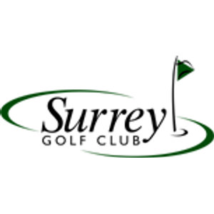 Surrey Golf Club logo: The word 'Surrey' in dark green serif script inside a sweeping green oval swoosh, a slender flagstick with a green flag rising from the final letter, and 'GOLF CLUB' in small green capitals beneath.