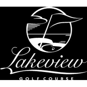 Lakeview Golf Course logo: A black rectangular mark with white artwork: a circle holding a large golf flag over a green with water lines and a ball, above 'Lakeview' in flowing white script with a long underline flourish and 'GOLF COURSE' in letterspaced capitals.