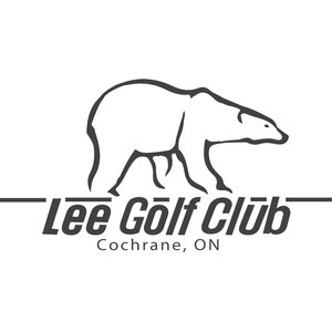 Lee Golf Club logo: A charcoal-grey line drawing of a bear walking in profile facing right with its head lowered, above 'Lee Golf Club' in italic lettering set between two horizontal rules, with 'COCHRANE, ON' in small letterspaced capitals underneath.