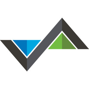 The Rise Golf Course logo: An angular mountain mark: a thick charcoal-grey ribbon folding into a W-shaped peak and valley, with a bright blue triangle nested in the left valley and a green triangle on the right peak's slope.