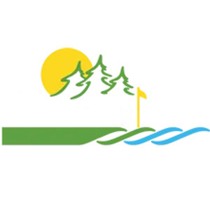 Whispering Pines Golf & Country Club Resort logo: A yellow sun rising behind a row of green pine trees over a solid green land band holding a small yellow flag on a pin, above interlocking green and blue wave swooshes suggesting water, with no lettering.