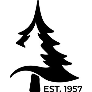 Windermere Golf and Country Club logo: A bold black silhouette of a windswept pine tree leaning left with jagged tiered branches, its ground line sweeping into a curved flourish over a short trunk, with 'EST. 1957' in black capitals at the lower right.