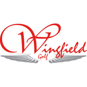 Wingfield Golf Club logo: The word 'Wingfield' in sweeping red calligraphic script with an oversized looping W, the small word 'Golf' in red script tucked below, all resting on a pair of outstretched silver-grey feathered wings.