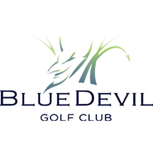 Blue Devil Golf Club logo: A devil's head with two horns sketched in wispy green and teal grass-blade brushstrokes, above the name BlueDevil in navy serif capitals and Golf Club in smaller spaced letters.