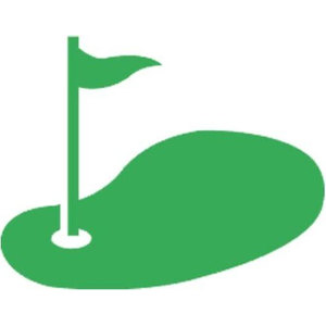 19 Greens Putting Course logo: A solid medium-green kidney-shaped putting green in silhouette with a white hole cut into it, and a flagstick topped with a green pennant flag rising from the hole.