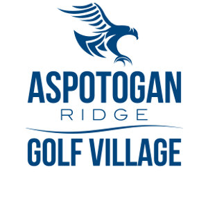 Aspotogan Ridge logo: A dark blue eagle with layered spread wings diving to the right, above Aspotogan in bold blue capitals, Ridge in small spaced letters, a thin double wave line, and Golf Village in tall blue capitals.