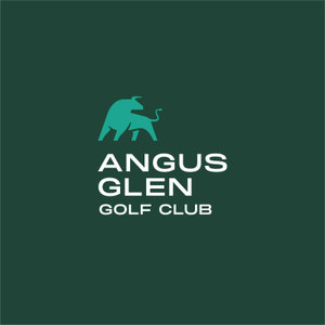 Angus Glen Golf Club logo: A teal Black Angus bull standing in profile with its tail curled upward, above Angus Glen in white capitals and Golf Club in smaller spaced capitals, all on a solid dark forest-green square.