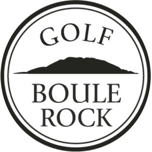 Boule rock golf club logo: A black double-ringed circular badge with Golf arched across the top, a black silhouette of a low rounded rock islet across the middle, and Boule Rock stacked in serif capitals below.
