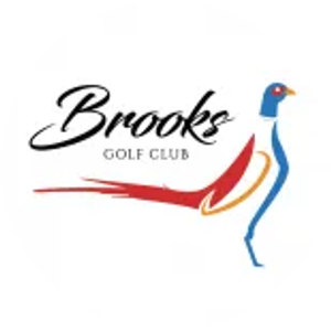 Brooks Golf Club logo: The word Brooks in black brush script over Golf Club in small grey capitals, with a ring-necked pheasant drawn in sweeping strokes with a blue head and body, white collar, and long red-orange tail striding to the right.