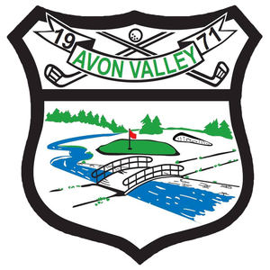 Avon Valley Golf & Country Club logo: A black-bordered shield whose top panel shows 19 and 71 on ribbons flanking crossed golf clubs and a ball with an Avon Valley banner in green capitals, over a cartoon scene of a red-flagged green, pine trees, and a white footbridge arching over a blue river.