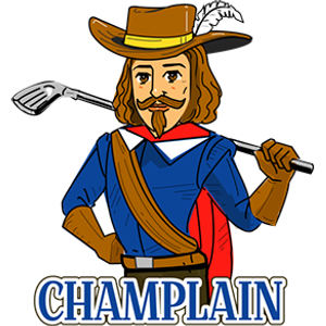 Club de Golf Champlain logo: A cartoon of explorer Samuel de Champlain with a brown plumed hat, goatee, blue tunic, red cape, and brown bandolier, resting a golf club on his shoulder, above the word Champlain in blue capitals outlined in gold.