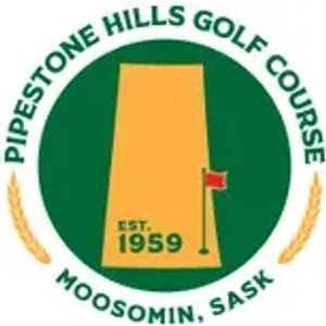 Pipestone Hills Golf Club logo: A circular badge ringed by Pipestone Hills Golf Course above and Moosomin, Sask below in green capitals, flanked by golden wheat stalks, enclosing a green disc holding a golden silhouette of Saskatchewan bearing a red flag and Est. 1959.