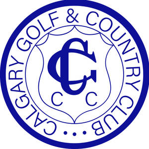 Calgary Golf & Country Club logo: A royal blue circular seal reading Calgary Golf & Country Club around the ring, enclosing a scalloped inner medallion with an interlocked C and G monogram, two small letters C beneath it, and three dots at the bottom of the ring.