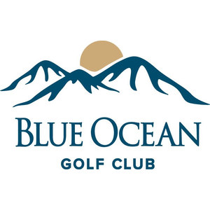 Blue Ocean Golf Club logo: A ridge of dark blue mountain peaks with a plain tan sun rising behind them, above Blue Ocean in dark blue serif capitals and Golf Club in smaller spaced dark blue capitals.