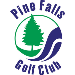 Pine Falls Golf Club logo: Pine Falls arched in dark blue over a circle holding a green pine tree, with a dark blue wave sweeping through the circle's lower right, and Golf Club arched in dark blue beneath.